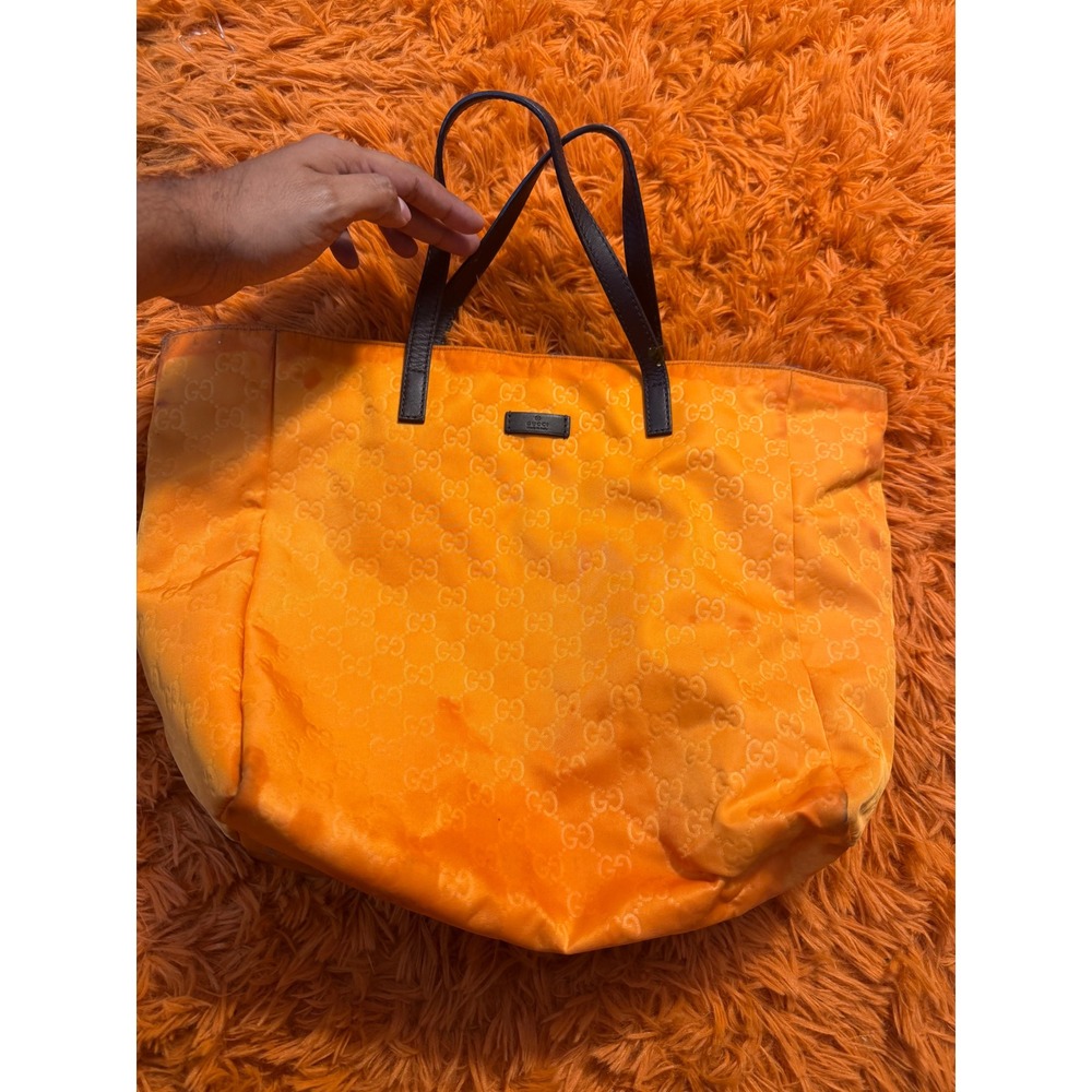 Gucci Orange GG Monogram Nylon Tote Bag Leather Trim Made in Italy